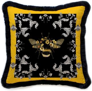 Casa Padrino Luxus Deko Kissen Hummel & Blumen Mehrfarbig / Schwarz 45 x 45 cm - Bedrucktes Samt Kissen mit Fransen - Luxus Deko Accessoires