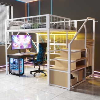 Merax Hochbett, Kinderbett, Etagenbett 140*200cm, Geeignet für Kinder und Jugendliche Vielseitiges,Metall-Hochbett mit APP-gesteuerten LED-Lichtleisten Treppe mit Stauraum, offenem Kleiderschrank, Weiß