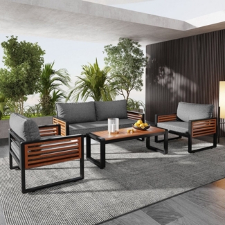 HAUSS SPOLE Gartenlounge-Set 4 er Set, 1 Sofa, 2 Einzelstühle, Tisch, Armlehnen aus Holz, Graue, (4-tlg)