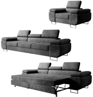 M-Punkt24 Polstergarnitur Miami, (3-2-1 Set, 3-3-1 Set, Samtstoff Grau Anthrazit), mit Bettfunktion und verstellbare Kopfstützen