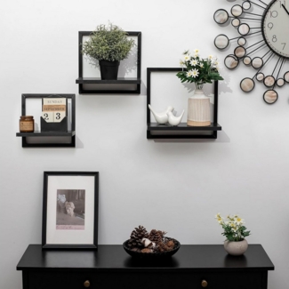 Holz Lichter Wandregal 3‑tlg. Floating Wandregal – Holz & Metall, modern geom. Design, 3-tlg, Schweberegal aus Holz+Metall – platzsparend, vielseitig, langlebig