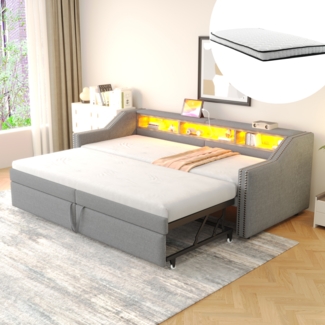 Ausziehbett Schlafsofa 90/180x200 cm Polsterbett mit 2 Matratzen Gästebett Platzsparend Ausziehbar zum Doppelbett USB LED,Hellgrau