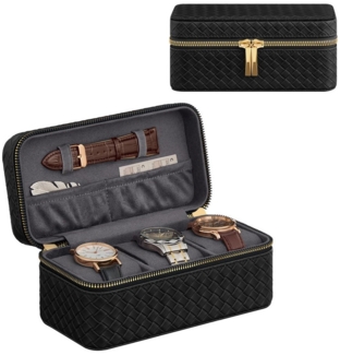 SONGMICS HOME RONNE Kollektion - Uhrenbox unterwegs, Etui für 3 Uhren, PU im Flechtlook, 10 x 20 x 9 cm, Geschenkidee, Bezug in Tintenschwarz, Innenfutter in Schiefergrau JWB017G01