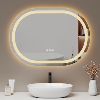 EMKE Spiegel Oval Badspiegel mit Beleuchtung Badezimmerspiegel, 80x60cm, Touch, 3 Lichtfarbe, Beschlagfrei