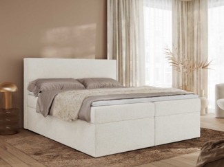 Boxspringbett mit Multipocket-Matratze und Topper, Doppelbett, Struktur dekostoff, Polsterbett mit Bettkästen - JAGUAR - 200 x 200 cm - Weiß Struktur - H4