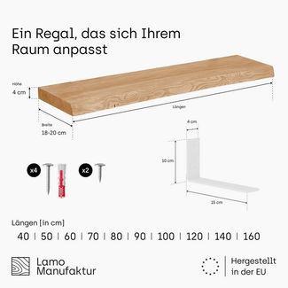 LAMO Manufaktur Wandregal Holz Baumkante Regal Farbe: Schwarz mit weißem Basic Regalträger 40 cm, Komplett-Set, 40mm stake Massivholzplatte