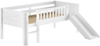 Kinderbett >Scott< Rollrost, Rutsche, 90x200 cm, Weiß, Massivholz - 208 x 83 x 175 cm (BxHxT)