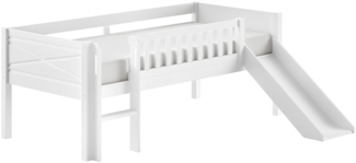 Kinderbett >Scott< Rollrost, Rutsche, 90x200cm, Weiß, Massivholz - 208x83x175cm (BxHxT)