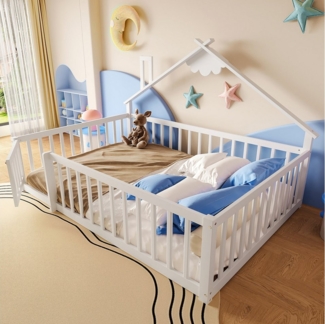Flieks Kinderbett, Bodenbett Holzbett Hausbett 140x190cm mit Geländer