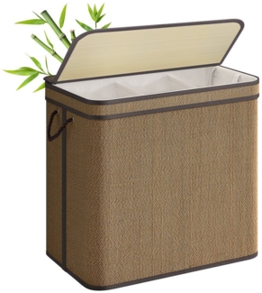 SONGMICS Wäschekorb 3 Fächer, Wäschesammler Bambus, 170 Liter, mit Deckel, Wäschesack herausnehmbar und maschinenwaschbar, Griffe, für Waschküche, braun LCBDE069K01