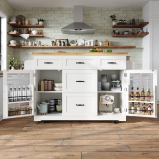 Kücheninsel 140x40(63,5)x95 cm, fahrbarer Servierwagen mit Glastüren, 5 Schubladen und 5 Rollen,weiß