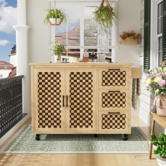 Kücheninsel, Küchenschrank, Buffetschrank, Servierwagen, Mobile Kücheninsel, Küchenwagen mit Rollen, Abfallbehälterfach, verstellbaren Einlegeböden, zwei Türen und drei Schubladen, , 120 x 50 x 92 cm