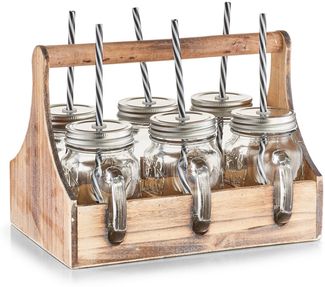 ZELLER 19747 Trinkgläser-Set 7-tlg, Glas/Metall/Holz, 29 x 22,5 x 22 cm