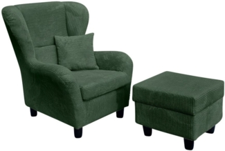 OHRENSESSEL mit HOCKER, hoher Sitzkomfort durch Wellenunterfederung B90/H98/T76 cm, Cord Dunkel-Grün