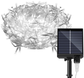 Clanmacy LED-Lichterkette 15M 600LEDs Solar LED Eisregen Lichterkette Außen Eiszapfen Kaltweiß, inkl. Fernbedienung, 8 Lichtfunktionen, Solarbox über USB aufadbar