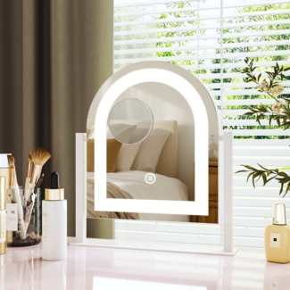 WDWRITTI Schminkspiegel LED Band Kosmetikspiegel 10 fach vergrösserung Kalt/Neutral/Warmweiß (Tischspiegel Spiegel für Schminktisch, Rundbogen 305x60x360mm), Speicherfunktion, 360° Drehbar