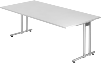 bümö Schreibtisch groß, N-Serie 200x100 cm, Tischplatte aus Holz in weiß, Gestell aus Metall in Silber - PC Tisch, großer Computertisch für's Büro, Office Bürotisch, NS-2E-W-S