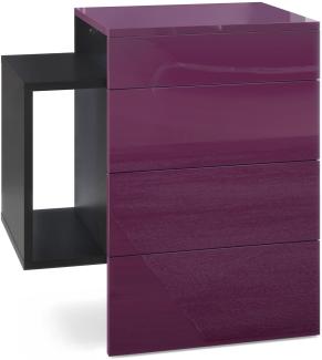 Vladon Nachttisch Queens, Nachttischschrank mit 2 Schubladen und 1 seitlichem Fach zur Wandmontage, Schwarz matt/Brombeer Hochglanz (60 x 63 x 36 cm)