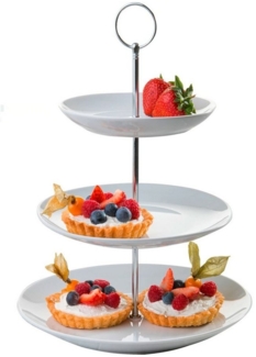 Home4You Etagere Servier-Ständer, Höhe 37 cm, 3 Etagen, weiß, Porzellan, (1-tlg), Ø 26 cm, für Obst, Süßigkeiten, Kuchen, Desserts