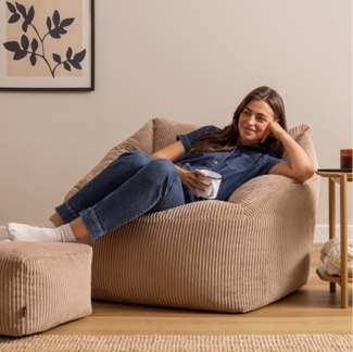 Icon Natalia Sitzsack Sessel mit Hocker für Erwachsene, Mokkabraun, Flauschiger Cord Stoff, Riesen Sitzsack Cord mit Füllung, Bean Bag Chair, Bequemer Sessel Wohnzimmer, Lounge, Schlafzimmer, Büro