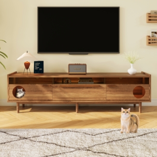 Fernsehschrank, Moderner TV-Schrank mit LED-Beleuchtung Katzenruheraum Stützhebeln stahlverstärkten Glastüren und Schublade ohne Katzenkissen, Holz+Glas, Nussbaumfarben, 180×40×50 cm