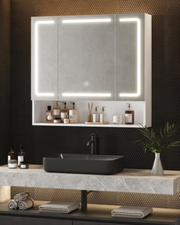 MSMASK Badezimmerspiegelschrank Moderner 3-türiger LED-Spiegelschrank mit verstellbaren Einlegeböden & 3 Lichtfarben – Wandmontage, Weiß (80 x 75,5 x 17 cm)