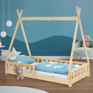 ML-DESIGN Spielbett Hausbett Tipi Zeltbett inkl. Lattenrost Bodenbett Kinder Himmelbett, Abenteuerbett mit Rausfallschutz Zelt Kinderbett Kiefer Natur
