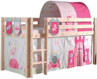 Spielbett Pino mit Textilset Vorhang, Tunnel und 3 Taschen \"Princess\", Kiefer massiv natur