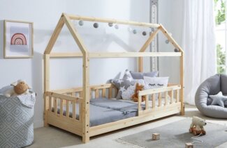 Ticaa Hausbett Kay mit Rausfallschutz aus Kiefer, Kinderbett 80x160, inkl. Dach, mit Rollrost, mit Matratze