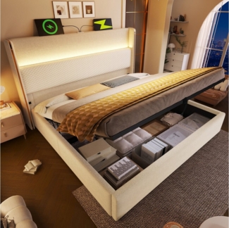 TavilaEcon Boxspringbett Modernes hydraulisches Bett mit hohem Kopfteil und LED-Beleuchtung (1-St), mit USB, Type-C-Anschlüssen, 180×200cm, beige/grau