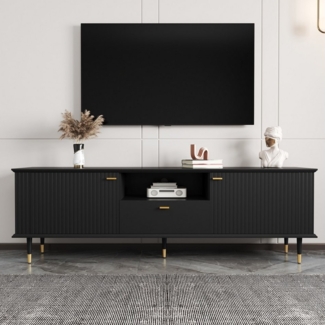 KLAM HOME Lowboard TV-Schrank mit offenen Fächern und Schubladen für optimale Ordnung (Hochwertige lackierte Strukturoberfläche mit Soft-Close-Scharnieren), Modernes und funktionales Möbelstück für Ihr Wohnzimmer