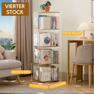 TWSOUL Bücherregal 360° Drehbares Bücherregal 4 Ebenen 16 Fächer Standregal, 122cm, Acryl & Massivholz für Kinderzimmer, Schlafzimmer und Wohnzimmer