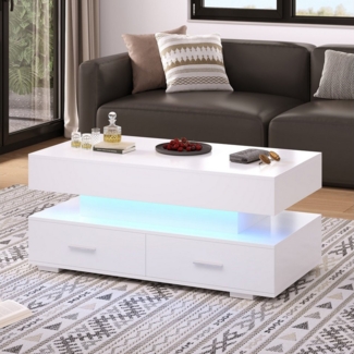 OKWISH Couchtisch mit verstecken Stauraum und Schubladen (Beistelltisch, Sofatisch, 1-St, einfach Montage), hydraulisch Kaffetisch mit LED-Beleuchtung, Bluetooth-APP-Steuerung