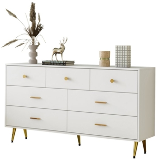 HAUSS SPLOE Sideboard 140 x 35 x 76 cm mit 7 Schubladen, goldene Griffe, goldene Beine, Weiß (7 Schubladen,goldene Griffe, goldene Beine), moderes Design