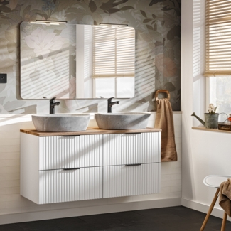 Badmöbel Set matt weiß gerillt ADELAIDE-56-WHITE LED-Spiegel,120 cm Doppel Waschtisch mit Keramikbecken