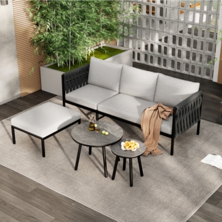 Gartenlounge-Set, Dickes Seilgeflecht, 5 -tlg. 3-Sitzer-Sofa, 2 Sessel und 2 Couchtische, marmorierte Glasplatte, verzinkter Stahl