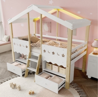 Ulife Kinderbett Halbhohes Bett Hausbett mit App-gesteuerter LED-Beleuchtung (Ohne Matratze), Hochbett in Hausform, mit 2 Schubladen
