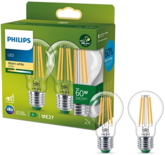 Philips Classic ultraeffiziente E27 LED Lampe, 60W, klar, warmweiß, Doppelpack