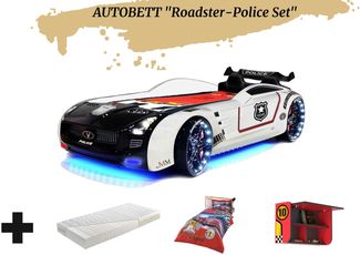 Autobett Kinderbett "Roadster Police" Schwarz Weiß LED Sound Sportsitze Lattenrost Spoiler 90x190 cm