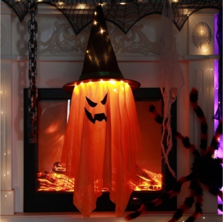 MUPOO LED-Lichterkette Halloween Dekorationen,LED-Geisterlampe, Geisterlicht, Halloween Hängender Geister,Hexenhüte,Batteriegespeist
