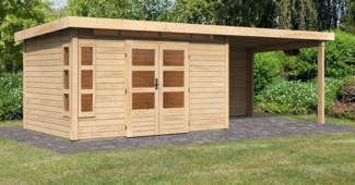 Gartenhaus Kastorf 7 - 364x244 cm plus Anbaudach 3,20m mit Rückwand, 28 mm Holz naturbelassen, Karibu