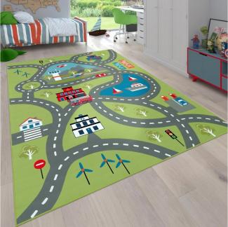 Paco Home Kinder-Teppich Für Kinderzimmer, Spiel-Teppich Mit Straßen-Motiv rutschfest In Grün, Grösse:120x160 cm