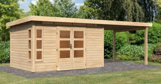 Gartenhaus Kastorf 7 - 364x244 cm plus Anbaudach 3,20m, 28 mm Holz naturbelassen, Karibu