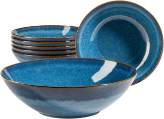 7-teiliges Bowl Set aus Keramik, 1 Salat-Schssel gro und 6 Schalen fr Salat, Msli, Suppe oder Pasta, mit Vintage Glasur in Blau