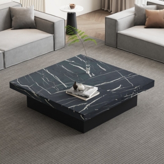 Merax Couchtisch mit versteckten Stauraum und Marmor-Optik (1-St), Quadratischer Wohnzimmertisch Satztisch mit 4 Schubladen, 90 x 90 x 25 cm