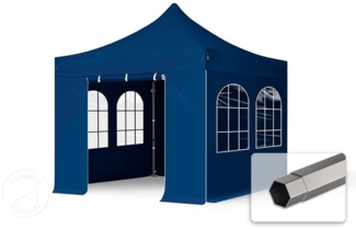 3x3 m Faltpavillon, PREMIUM Stahl 40mm, Seitenteile mit Sprossenfenstern, blau