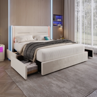 LVHOM Polsterbett Doppelbett 160x200 cm, LED-Samt-Bett mit 4 Schubladen, USB/Typ C-Anschlüssen, Stauraum, Samtbezug, 300 kg Tragkraft, App-Steuerung