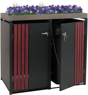 2er-Mülltonnenverkleidung HWC-O67, Mülltonnenbox mit Pflanzkasten, Metall 125x132x84cm 55kg ~ anthrazit Holzoptik dunkel