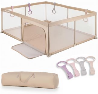 sun baby Laufstall mit rosa Griffen 150x200 cm 0-2 Jahre Beige, Polyester, Netzwände, Eingang mit Reißverschluss, rutschfeste Füße, Tragetasche im Set, Metallrahmen