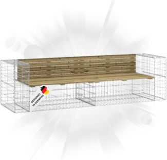 DELUKE® Gartenbank Gabionen INO aus Stahl 244x71x65,5cm Kiefernholz Braun Gabionenbank Gartenbank mit Sitzfläche aus Gabionen Steinkorb Gabionengitter Ziergabione Drahtkorb befüllbar